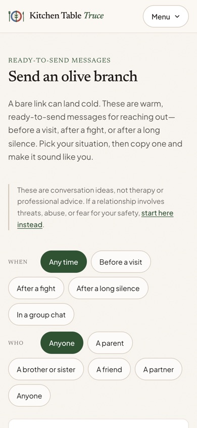 Ready-to-send olive branch messages on a phone